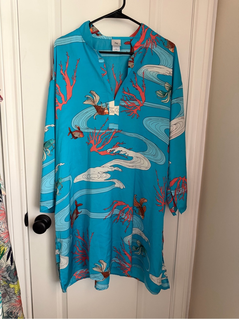 NATORI Turquoise Blue Coral Koi Fish Print Tunic Coverup Size XL